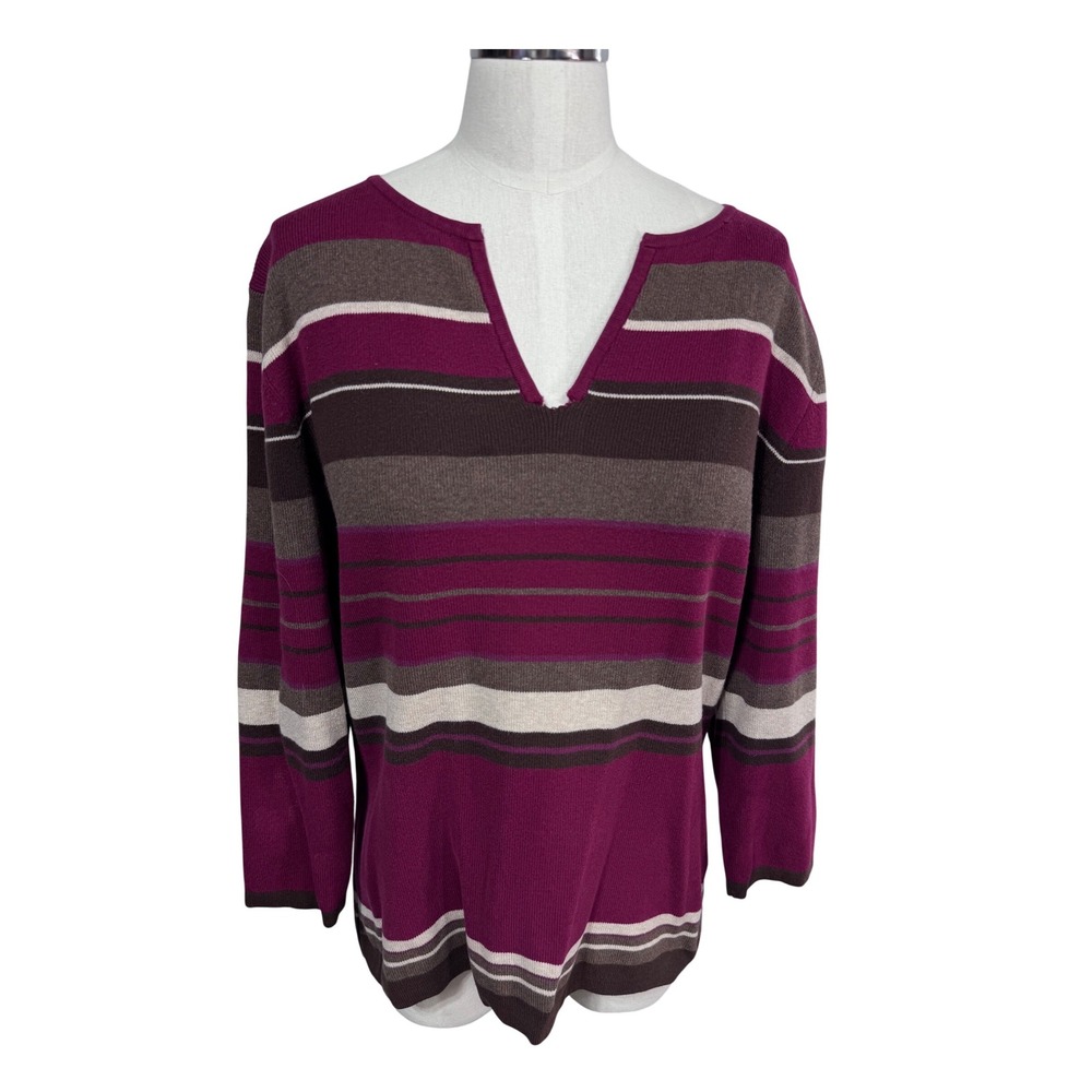 Croft & Barrow L‎ Purple Sweater Women's Striped V-Neck 3/4 Sleeve